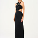 Flower Detailed Satin Long Evening Dress with Straps - 9178C