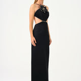 Flower Detailed Satin Long Evening Dress with Straps - 9178C