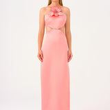 Flower Detailed Satin Long Evening Dress with Straps - 9178C