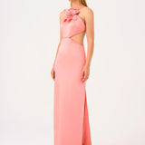 Flower Detailed Satin Long Evening Dress with Straps - 9178C