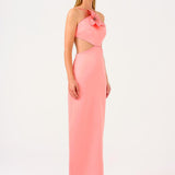 Flower Detailed Satin Long Evening Dress with Straps - 9178C