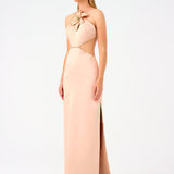 Flower Detailed Satin Long Evening Dress with Straps - 9178C