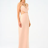 Flower Detailed Satin Long Evening Dress with Straps - 9178C