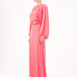 Flower Embroidered Belted Satin Long Evening Dress