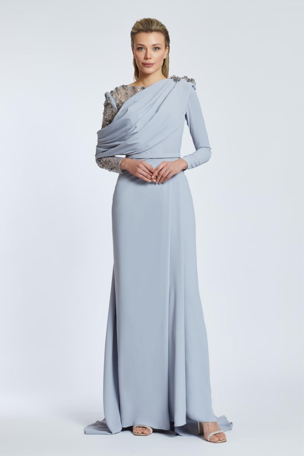 Semi-embroidered Shoulder Detailed Long Evening Dress