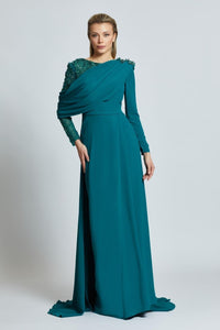 Semi-Embroidered Shoulder Detailed Long Sleeve Long Evening Dress