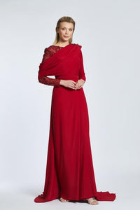 Semi-Embroidered Shoulder Detailed Long Sleeve Long Evening Dress