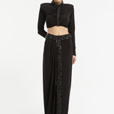 Rhinestone Embroidered Satin Long Sleeve Top - Long Skirt Suit - 3024C