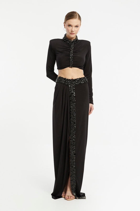 Rhinestone Embroidered Satin Long Sleeve Top - Long Skirt Suit - 3024C