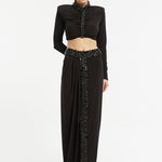 Rhinestone Embroidered Satin Long Sleeve Top - Long Skirt Suit