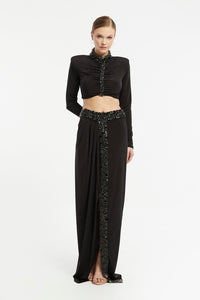 Rhinestone Embroidered Satin Long Sleeve Top - Long Skirt Suit