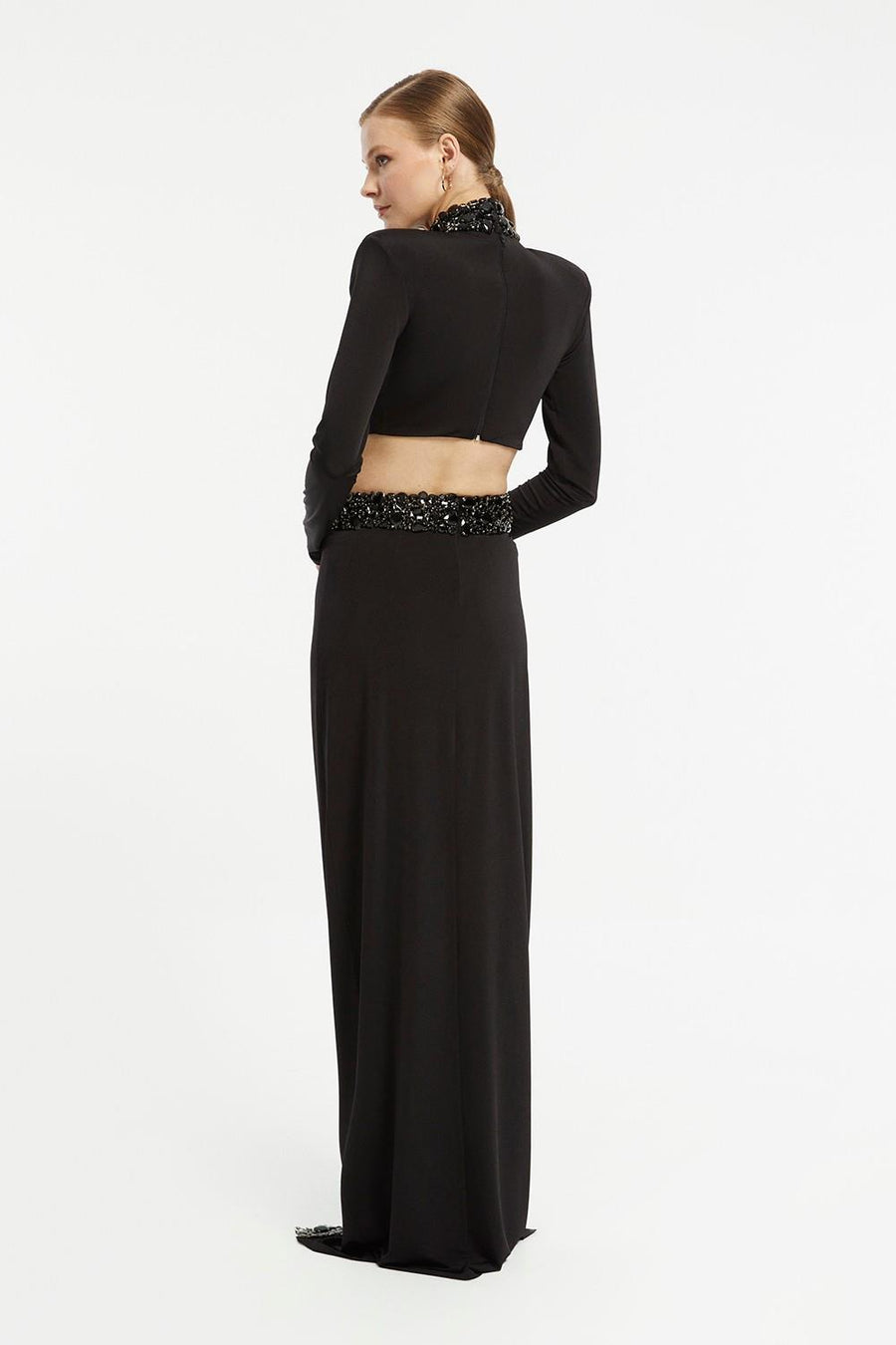 Stone Embroidered Knitted Long Evening Dress