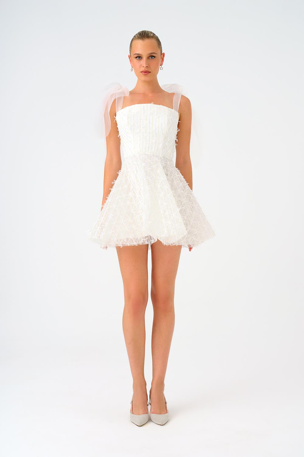 Lace Fabric Short Evening Dress with Tulle Tie Detail