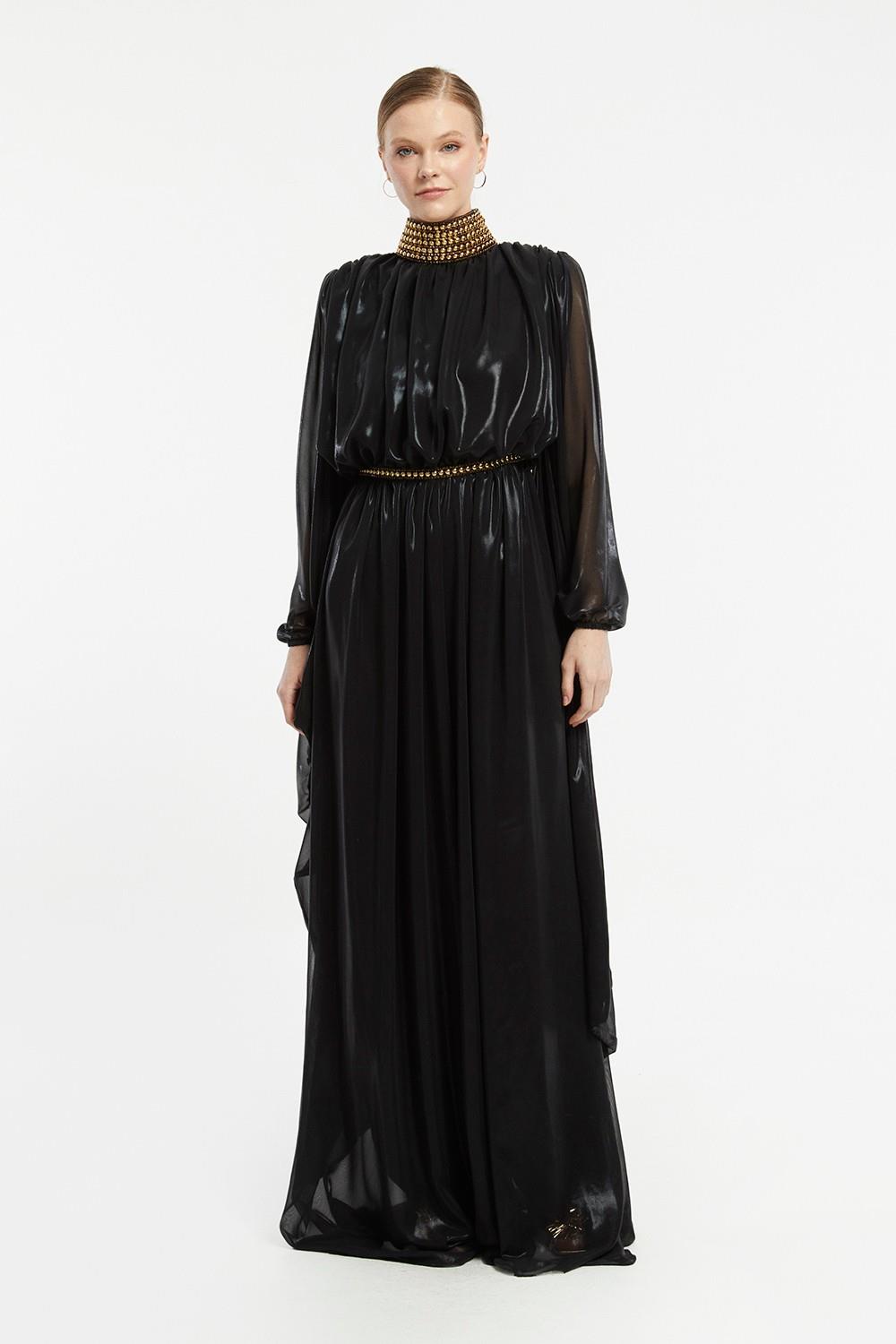 Lacquered Chiffon Veiling Evening Dress