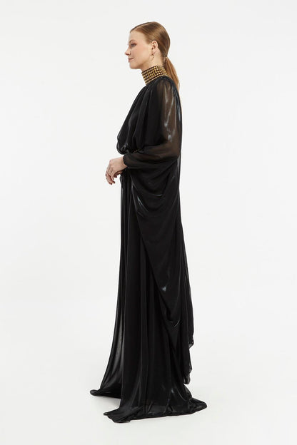 Lacquered Chiffon Veiling Evening Dress