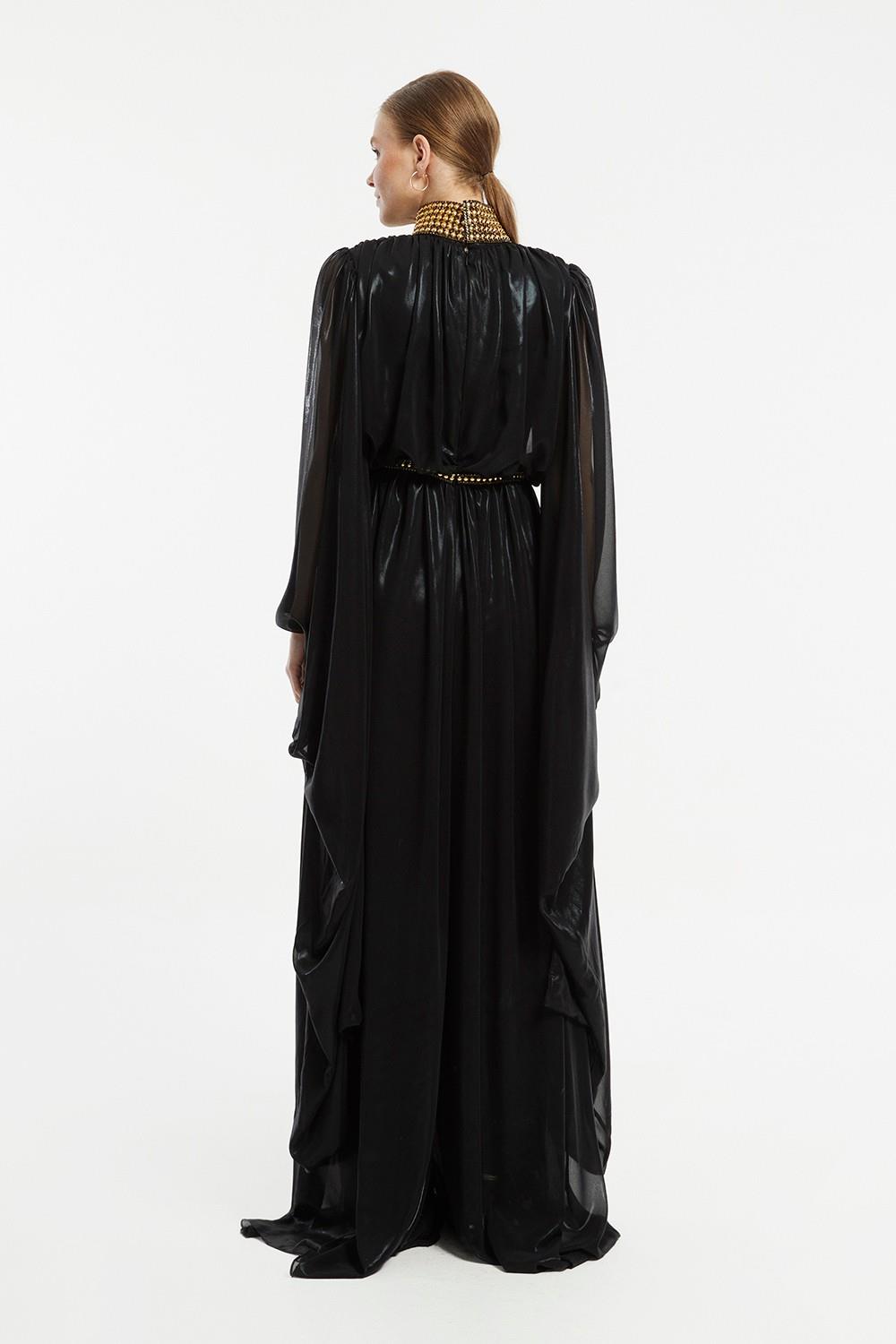 Lacquered Chiffon Veiling Evening Dress