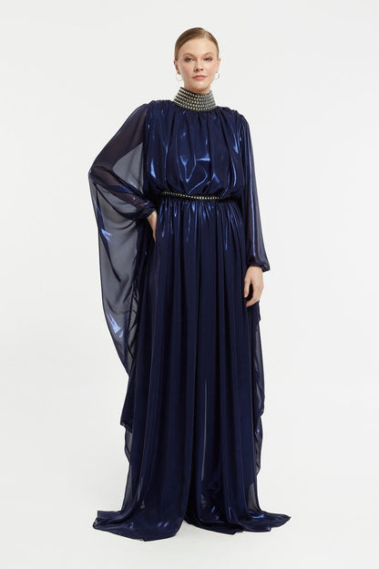 Lacquered Chiffon Veiling Evening Dress