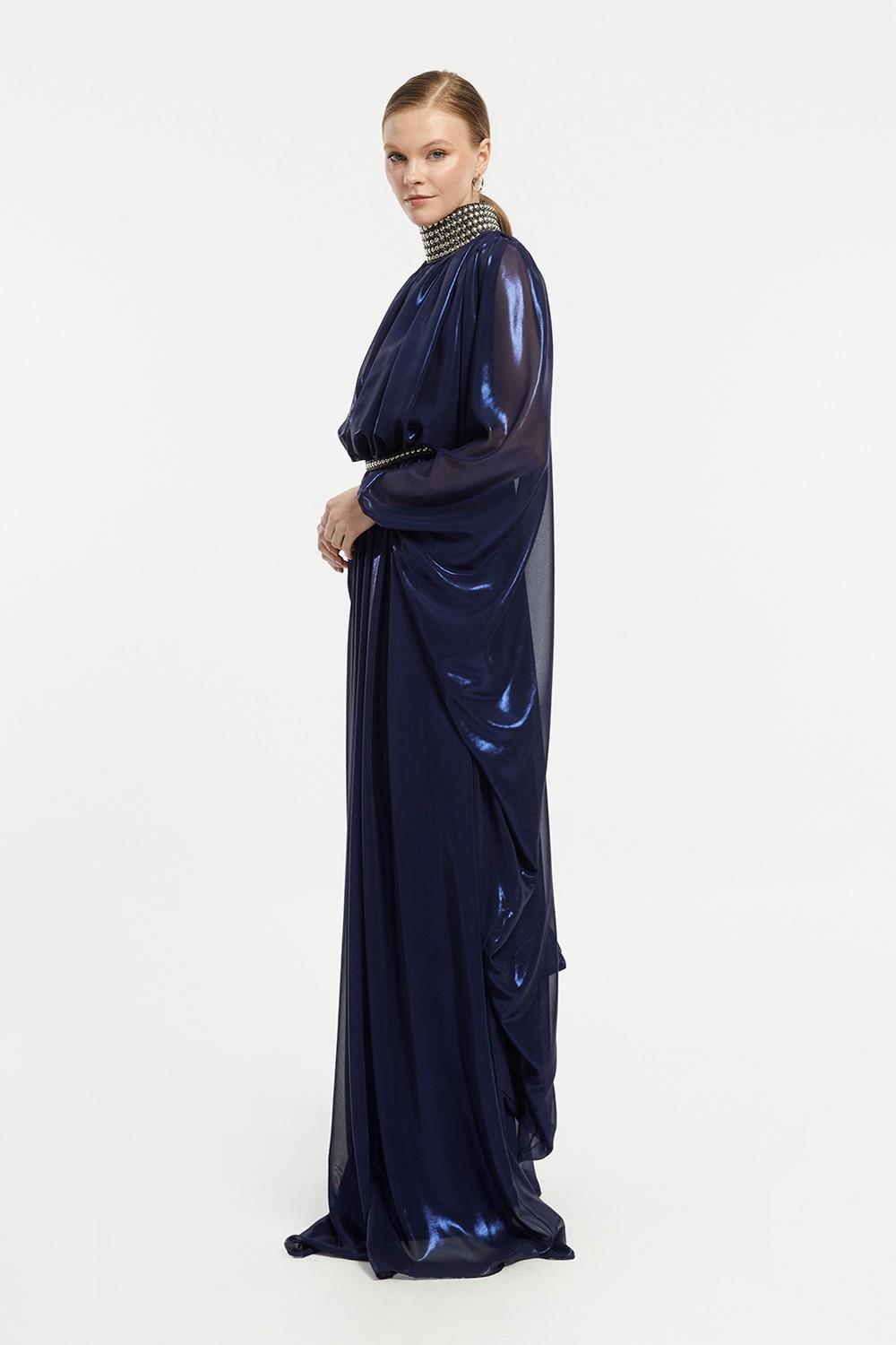 Lacquered Chiffon Veiling Evening Dress