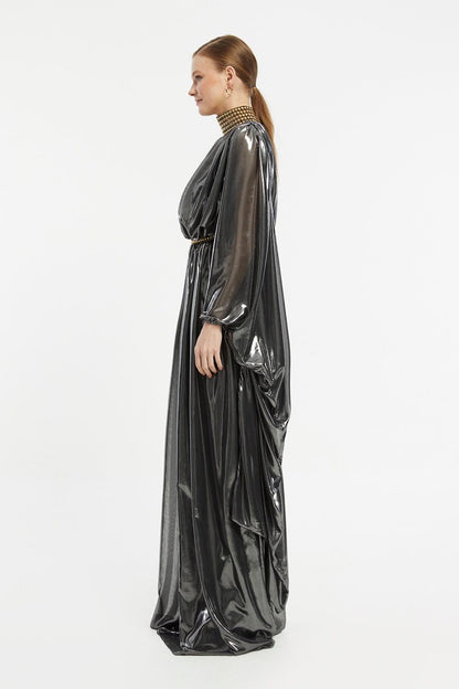 Lacquered Chiffon Veiling Evening Dress