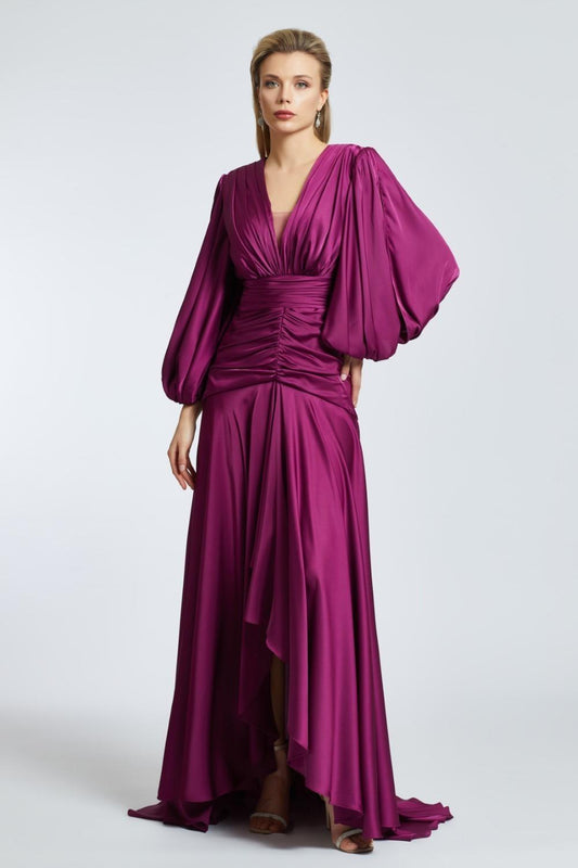 V-Neck Long Balloon Sleeve Draped Long Evening Dress - 2032