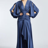 V-Neck Long Balloon Sleeve Draped Long Evening Dress - 2032