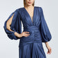 V-Neck Long Balloon Sleeve Draped Long Evening Dress