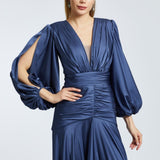 V-Neck Long Balloon Sleeve Draped Long Evening Dress - 2032