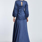 V-Neck Long Balloon Sleeve Draped Long Evening Dress