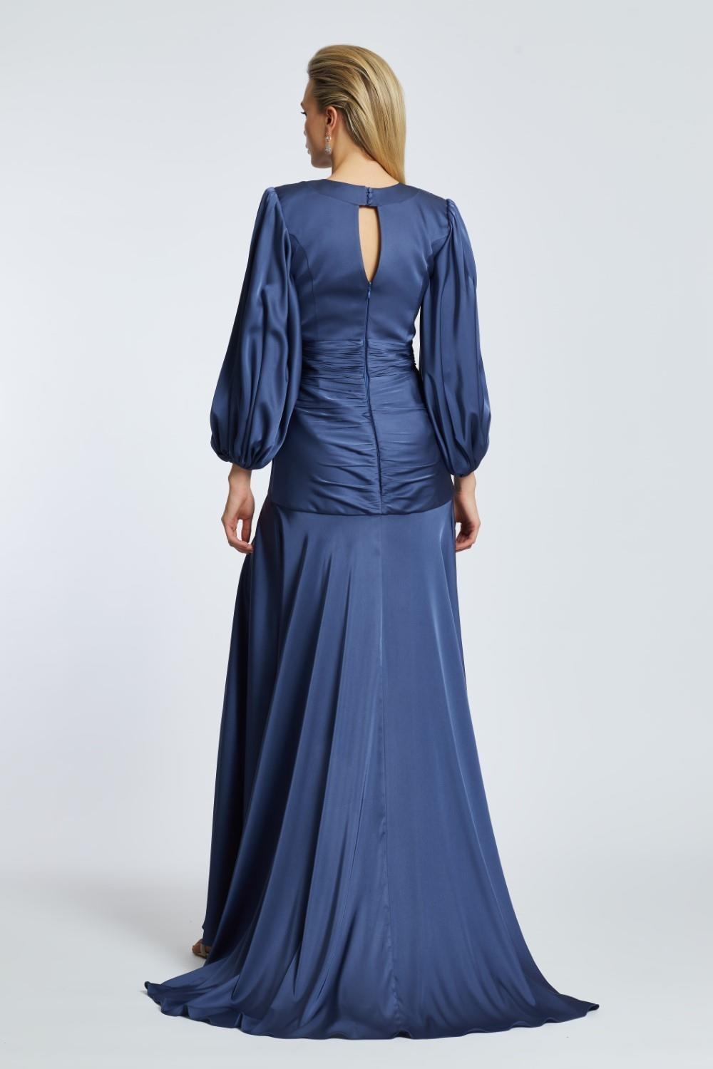 V-Neck Long Balloon Sleeve Draped Long Evening Dress