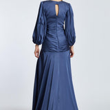 V-Neck Long Balloon Sleeve Draped Long Evening Dress - 2032