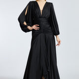 V-Neck Long Balloon Sleeve Draped Long Evening Dress - 2032