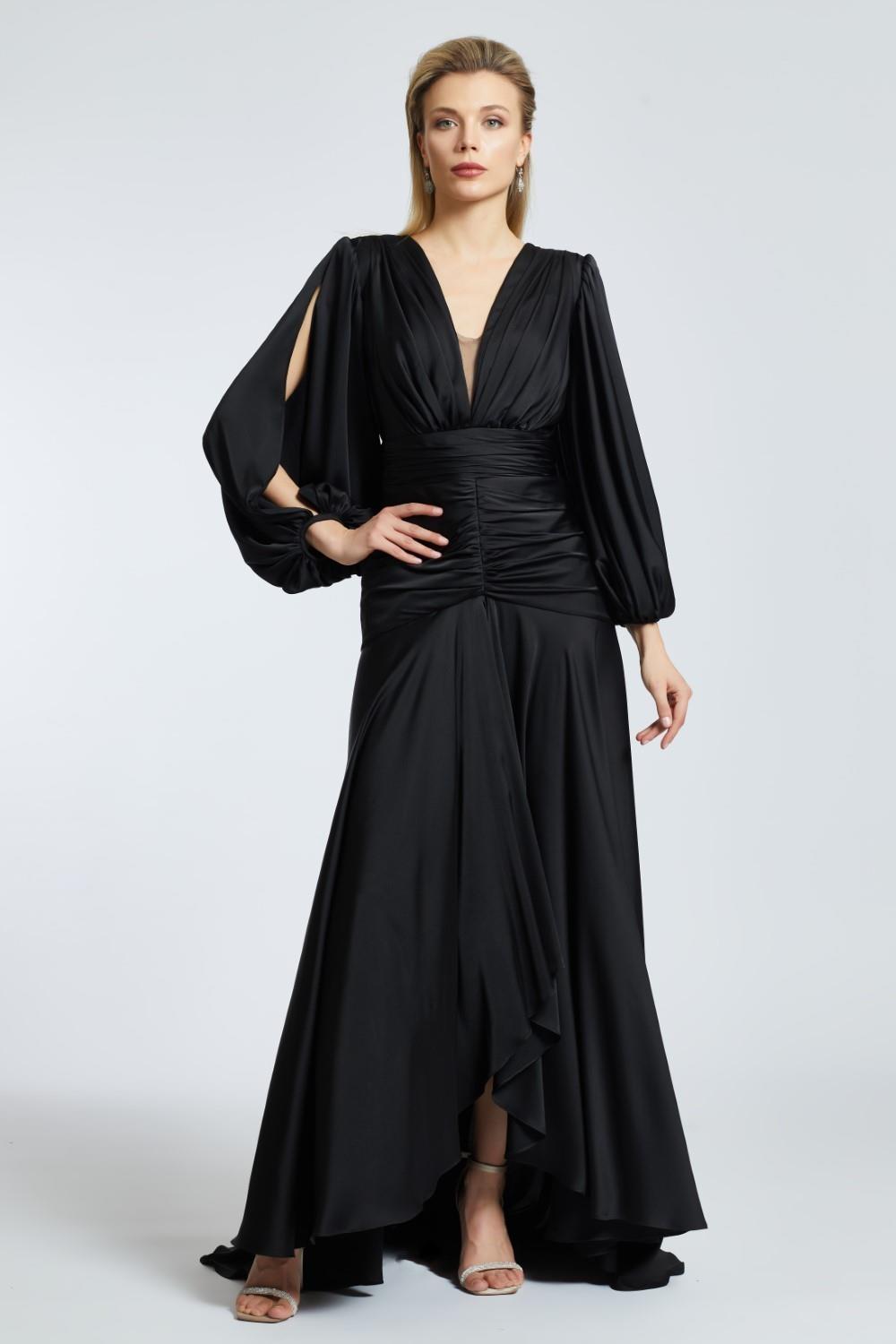 V-Neck Long Balloon Sleeve Draped Long Evening Dress