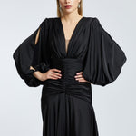 V-Neck Long Balloon Sleeve Draped Long Evening Dress