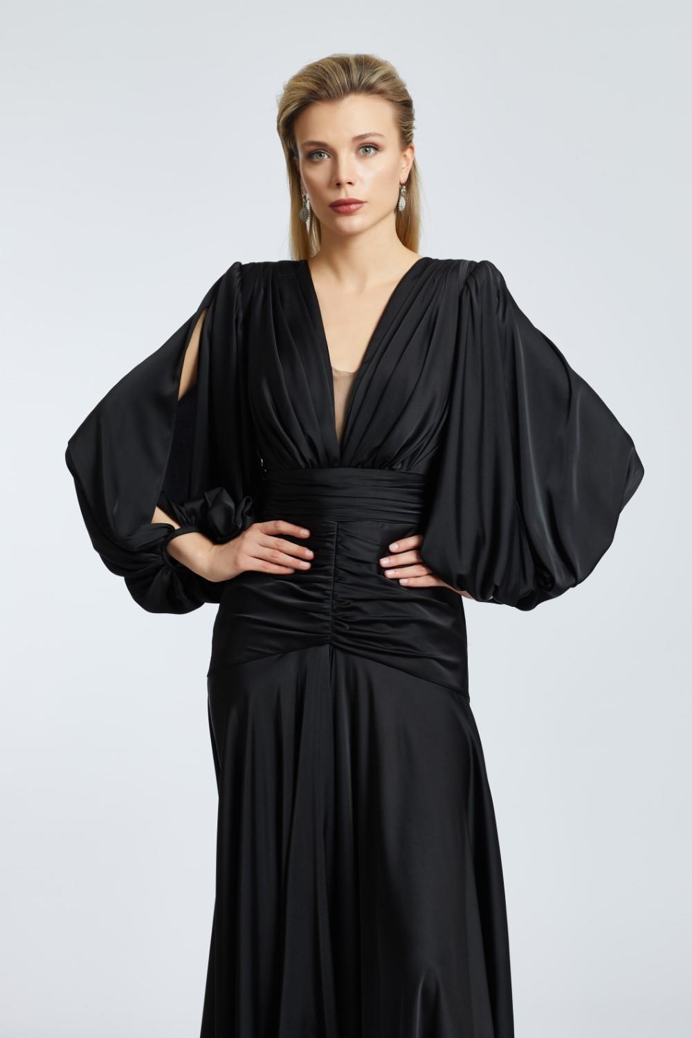 V-Neck Long Balloon Sleeve Draped Long Evening Dress