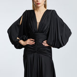 V-Neck Long Balloon Sleeve Draped Long Evening Dress - 2032