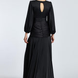 V-Neck Long Balloon Sleeve Draped Long Evening Dress - 2032