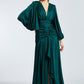 V-Neck Long Balloon Sleeve Draped Long Evening Dress