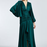 V-Neck Long Balloon Sleeve Draped Long Evening Dress - 2032