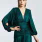 V-Neck Long Balloon Sleeve Draped Long Evening Dress