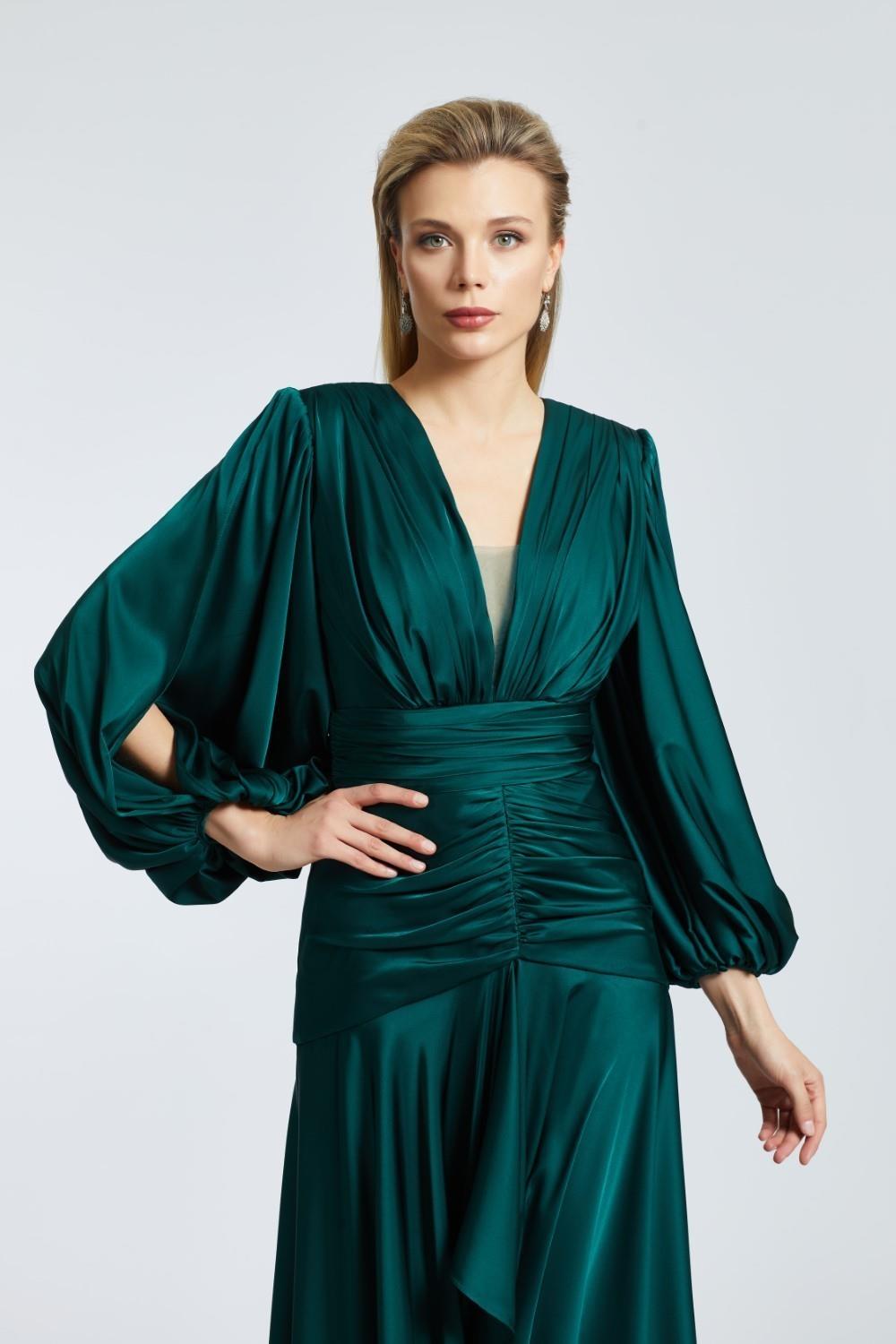 V-Neck Long Balloon Sleeve Draped Long Evening Dress