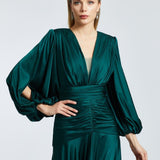 V-Neck Long Balloon Sleeve Draped Long Evening Dress - 2032