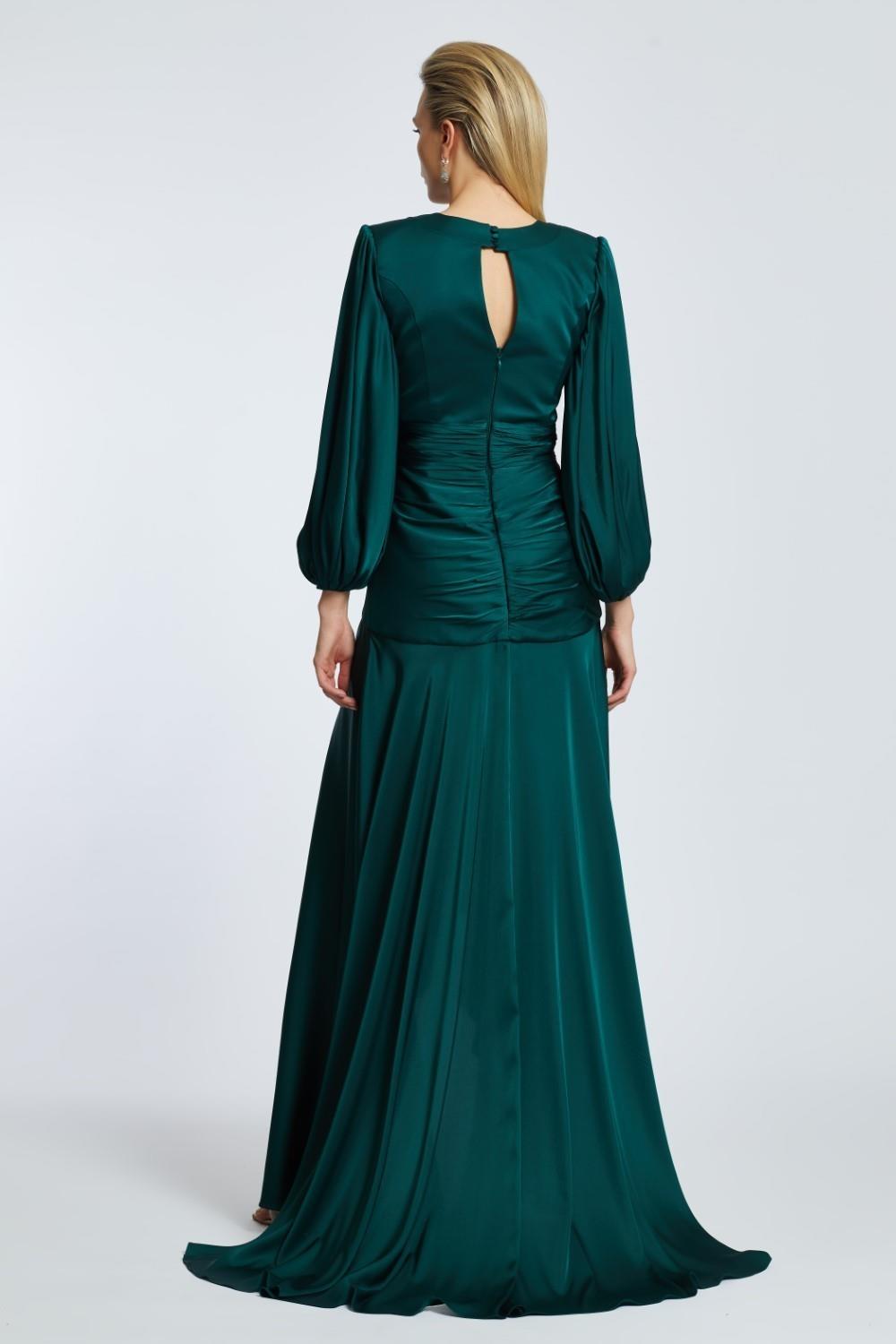 V-Neck Long Balloon Sleeve Draped Long Evening Dress