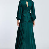 V-Neck Long Balloon Sleeve Draped Long Evening Dress - 2032