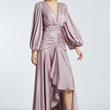 V-Neck Long Balloon Sleeve Draped Long Evening Dress - 2032