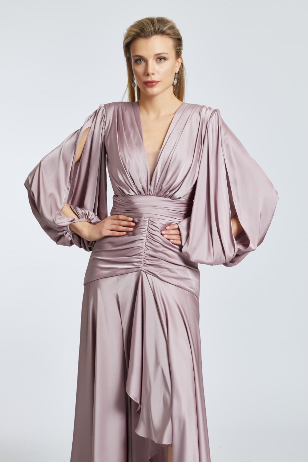 V-Neck Long Balloon Sleeve Draped Long Evening Dress