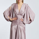 V-Neck Long Balloon Sleeve Draped Long Evening Dress - 2032