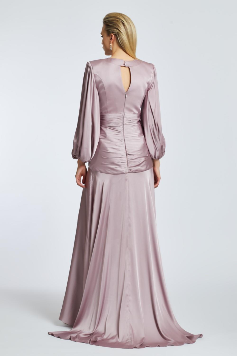 V-Neck Long Balloon Sleeve Draped Long Evening Dress