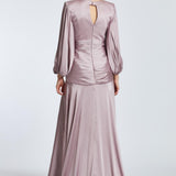 V-Neck Long Balloon Sleeve Draped Long Evening Dress - 2032