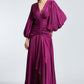 V-Neck Long Balloon Sleeve Draped Long Evening Dress