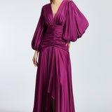 V-Neck Long Balloon Sleeve Draped Long Evening Dress - 2032